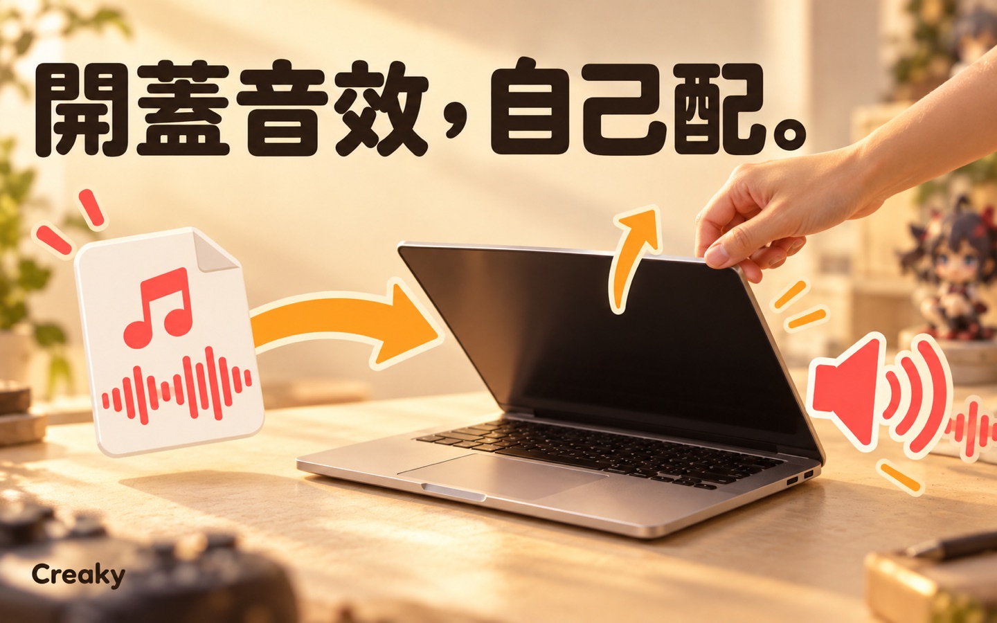 開蓋音效，自己配。箭頭示意將自訂音檔加入 Creaky，掀開筆電螢幕就會播放聲音。