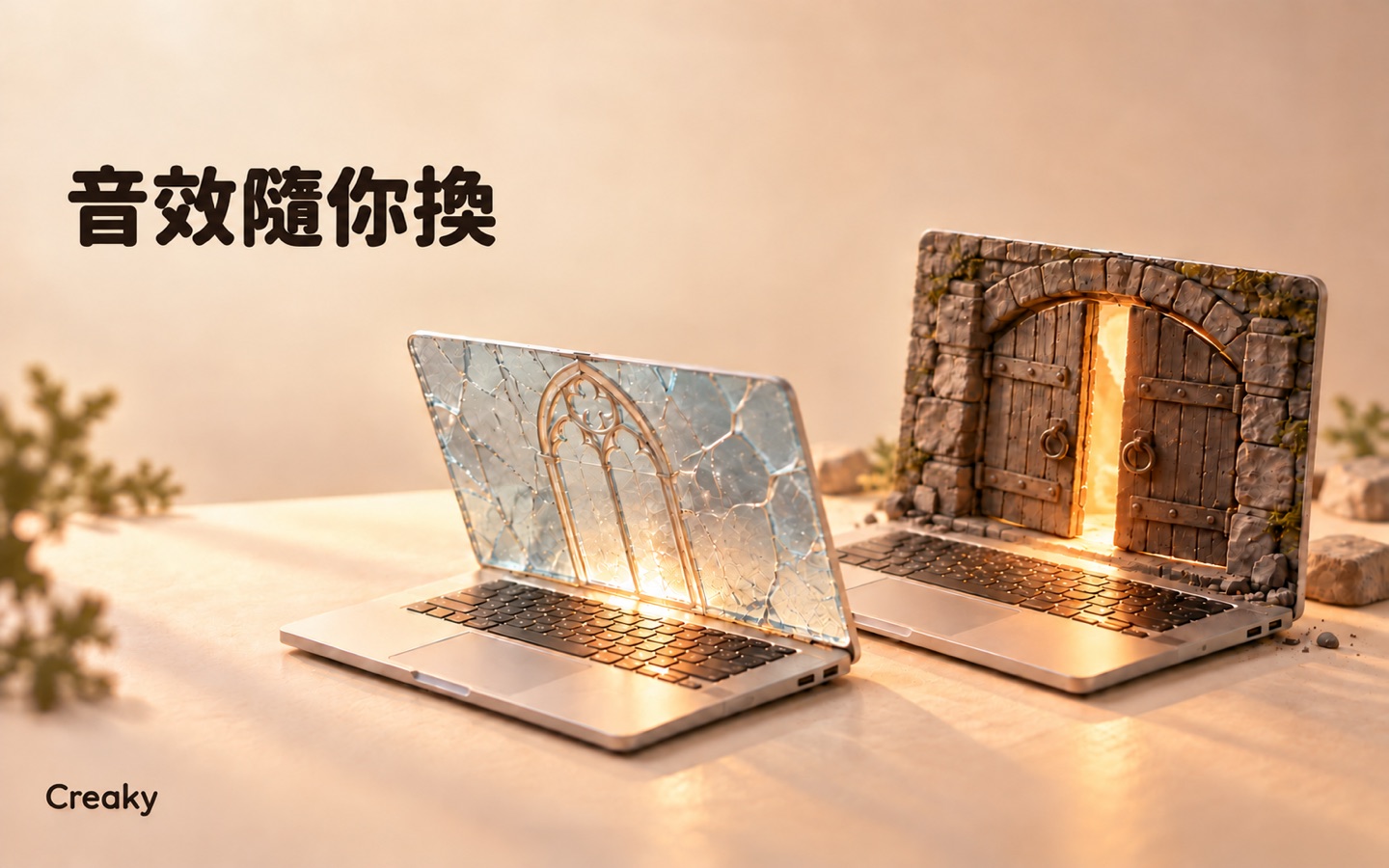 音效隨你換：以玻璃與地城石門的幻想造型，呈現兩套內建音效的氣氛。